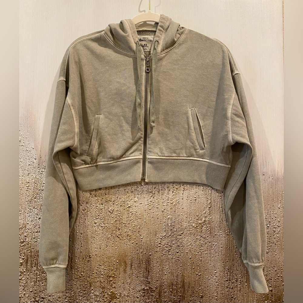 Aeropostale Oversized Cropped Full-Zip Hoodie Jacket (Washed Olive Green) - XS - Picture 4 of 11